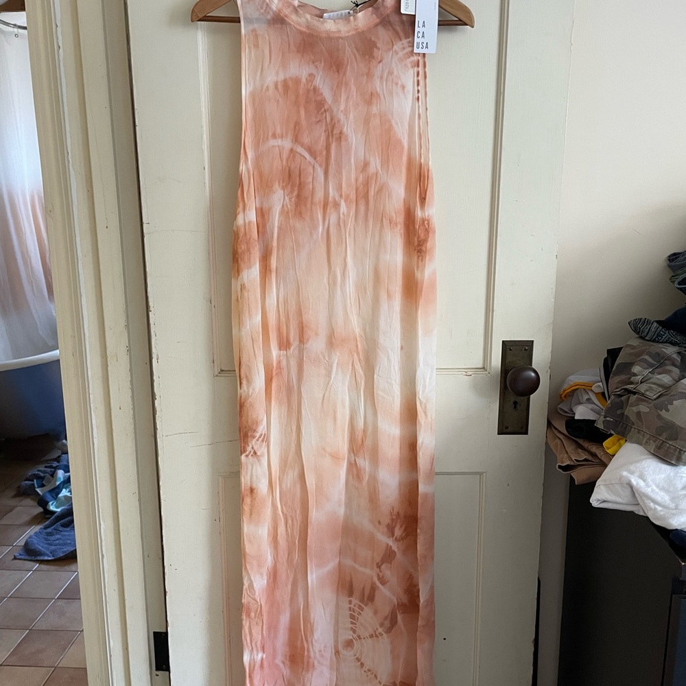 LACAUSA Peach and Cream Tie-Dye Sheer Dress